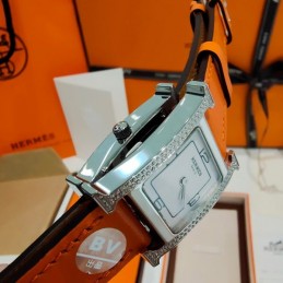 Replica Hermes orange leather double tour watch with stainless steel case
