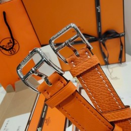 Replica Hermes orange leather double tour watch with stainless steel case