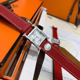 Replica Hermes red leather double tour watch with stainless steel case