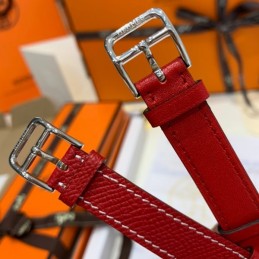 Replica Hermes red leather double tour watch with stainless steel case