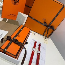 Replica Hermes red double tour leather watch with silver-tone stainless steel case