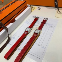 Replica Hermes red double tour leather watch with silver-tone stainless steel case
