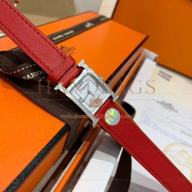 Replica Hermes red double tour leather watch with silver-tone stainless steel case