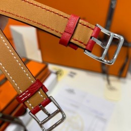 Replica Hermes red double tour leather watch with silver-tone stainless steel case