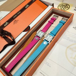 Replica Hermes pink and blue double tour leather watch with stainless steel case