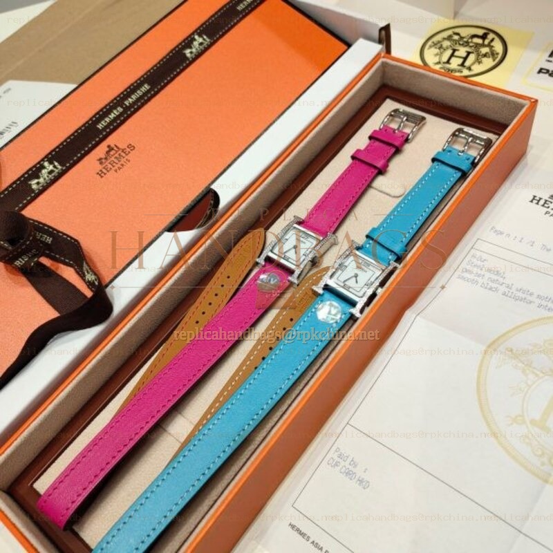 Replica Hermes pink and blue double tour leather watch with stainless steel case