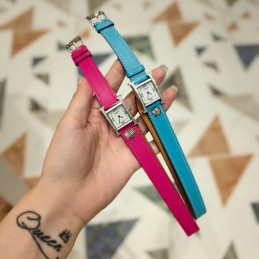 Replica Hermes pink and blue double tour leather watch with stainless steel case