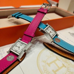 Replica Hermes pink and blue double tour leather watch with stainless steel case