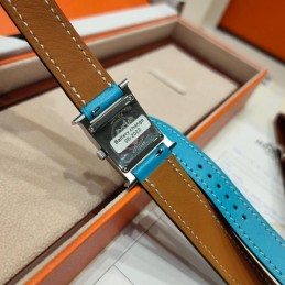 Replica Hermes pink and blue double tour leather watch with stainless steel case
