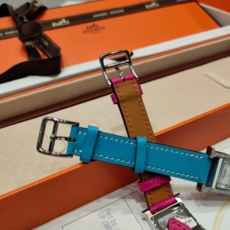 Replica Hermes pink and blue double tour leather watch with stainless steel case