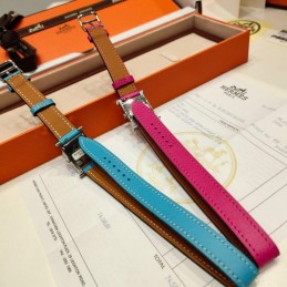 Replica Hermes pink and blue double tour leather watch with stainless steel case