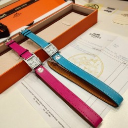Replica Hermes pink and blue double tour leather watch with stainless steel case