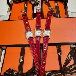 Replica Hermes red leather watch with diamond bezel and hardware options