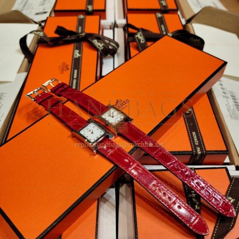 Replica Hermes red crocodile leather watch with diamond bezel