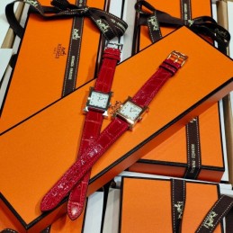 Replica Hermes red crocodile leather watch with diamond bezel