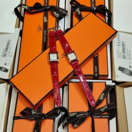Replica Hermes red crocodile leather watch with diamond bezel