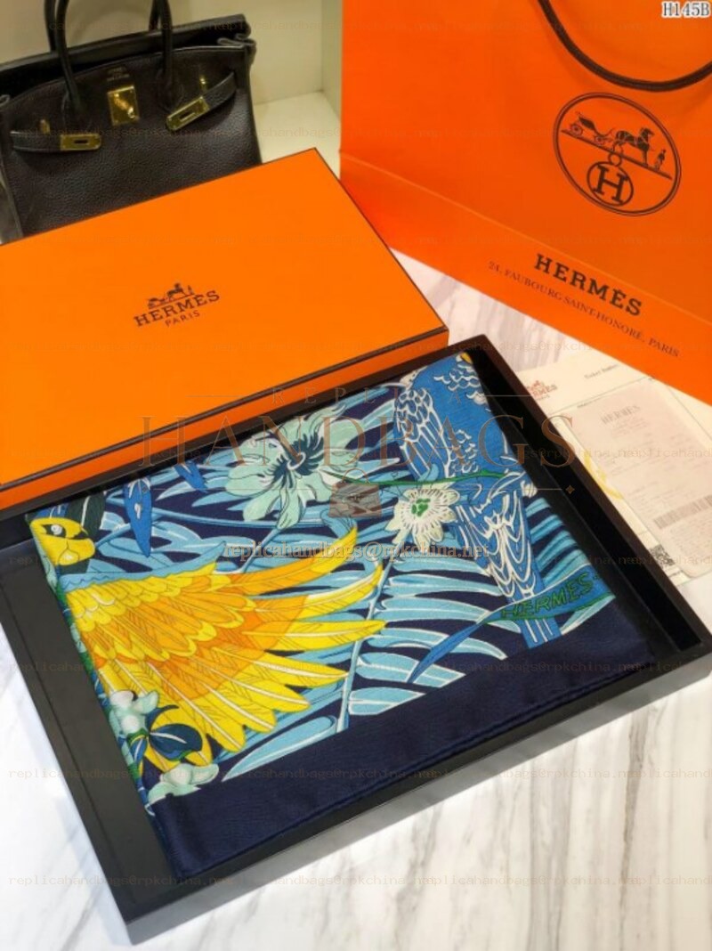 Replica Hermes Blue and Yellow Floral 90cm Silk Scarf