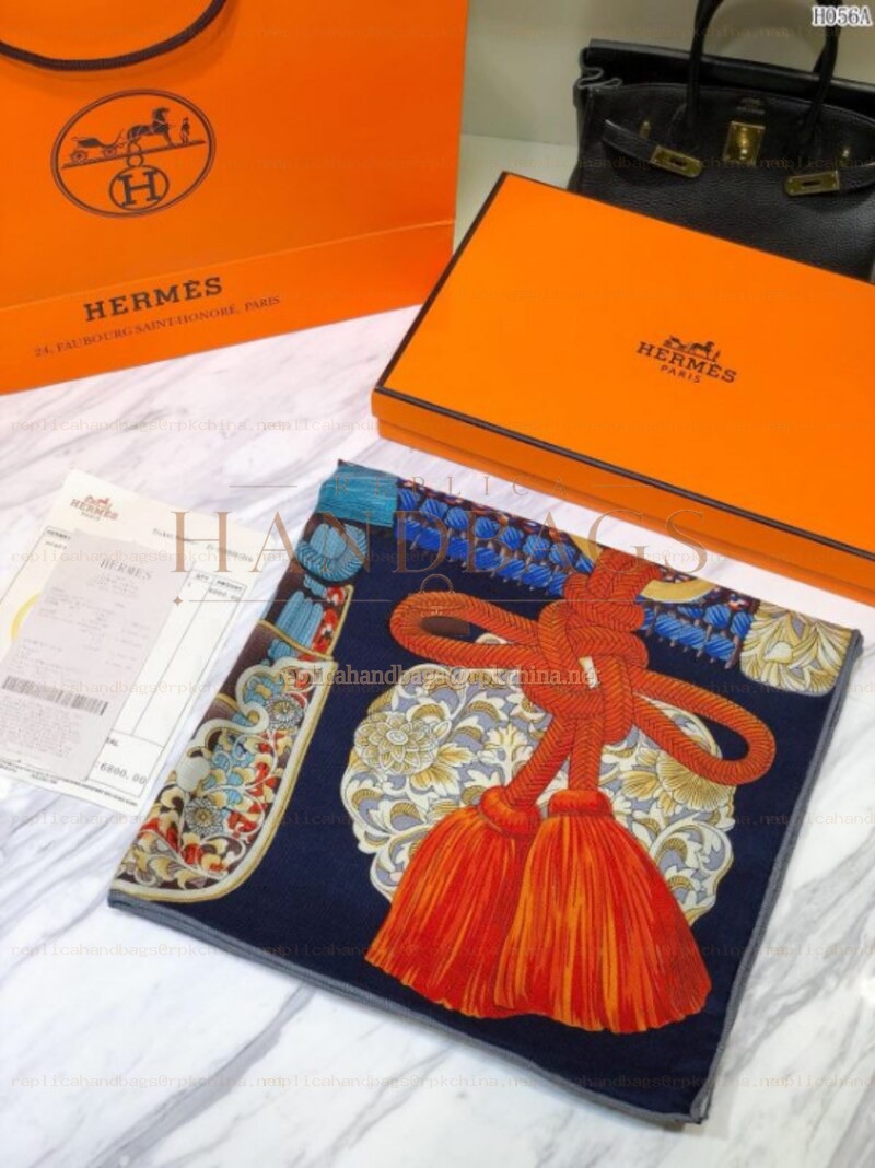 Replica Hermes Navy Tassel Print 90cm Silk Scarf