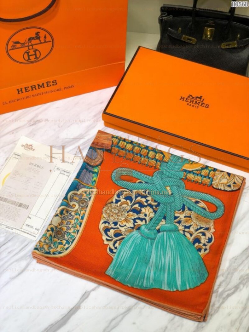 Replica Hermes Green Tassel Print 90cm Silk Scarf