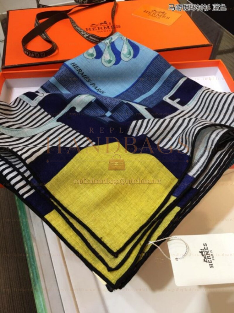 Replica Hermes Blue and Yellow Striped 90cm Silk Scarf