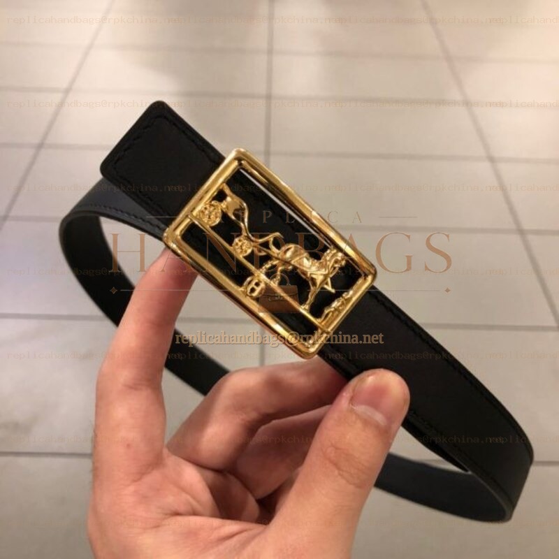Hermes replica Black Leather Belt with Equestrian H Buckle