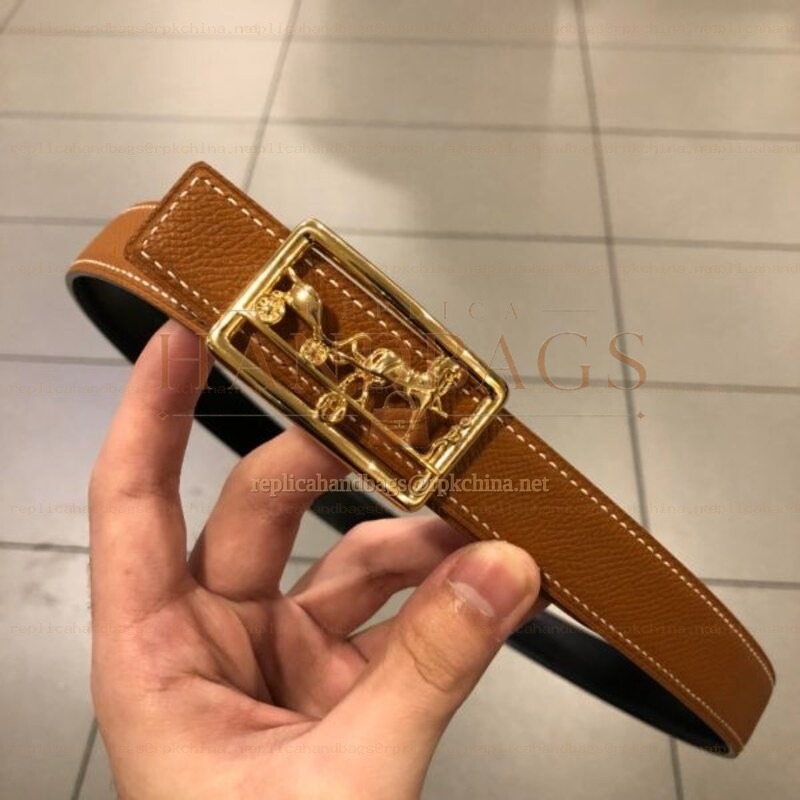 Hermes replica Camel Brown Leather Belt with Equestrian H Buckle