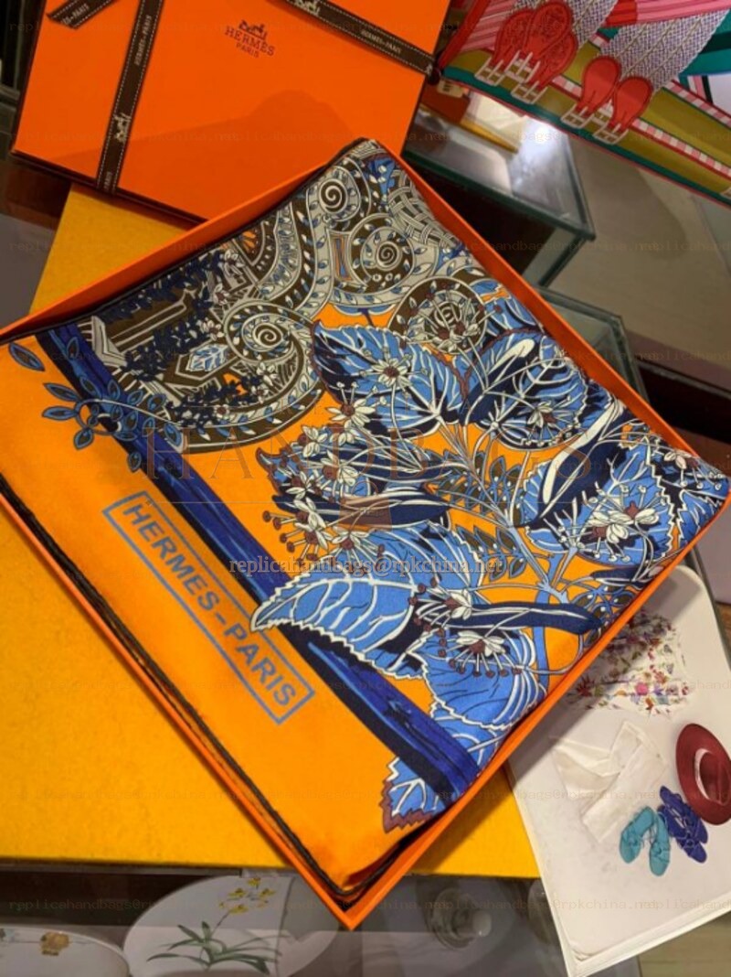 Replica Hermes Blue Orange Equestrian 90cm Silk Scarf