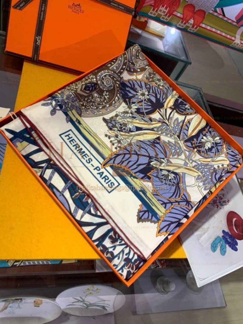 Replica Hermes Ivory Blue Equestrian 90cm Silk Scarf