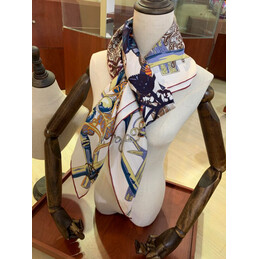 Replica Hermes Ivory Blue Equestrian 90cm Silk Scarf
