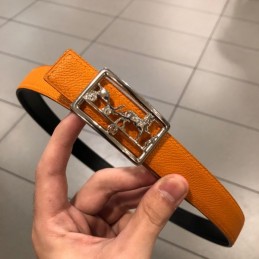 Hermes replica Orange Leather Belt with Equestrian H Buckle