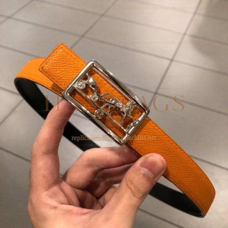 Hermes replica Orange Leather Belt with Equestrian H Buckle