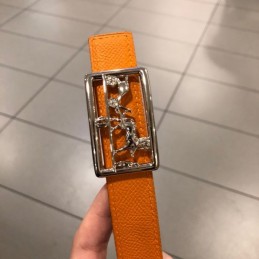 Hermes replica Orange Leather Belt with Equestrian H Buckle