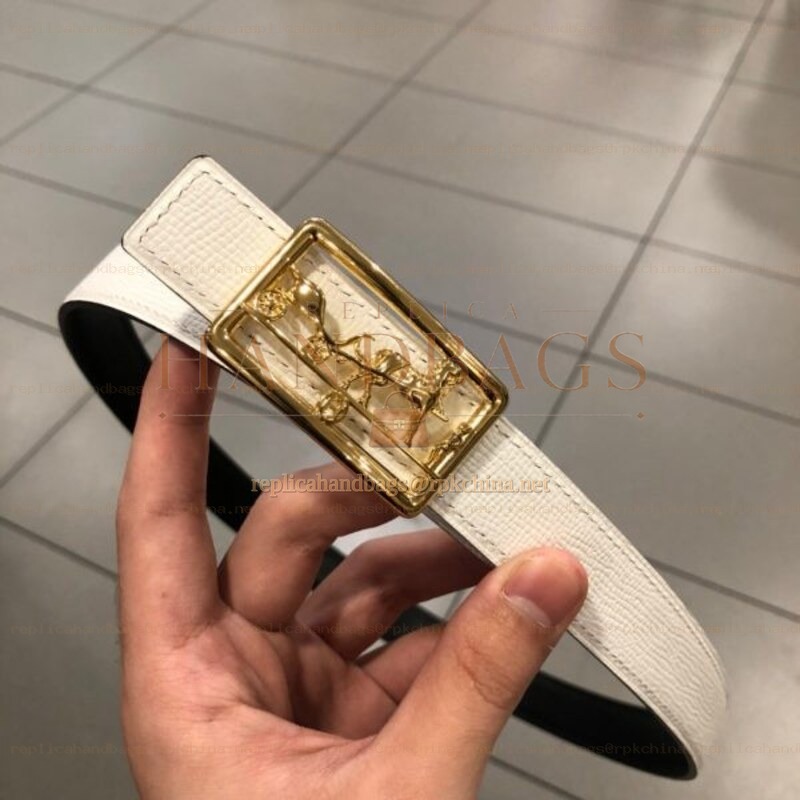 Hermes replica White Leather Belt with Equestrian H Buckle