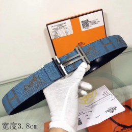 Hermes replica Blue Monogram H Buckle Leather Belt