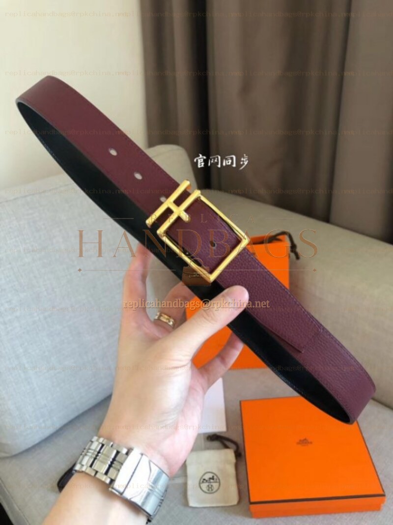 Hermes replica Burgundy Leather H Buckle Belt