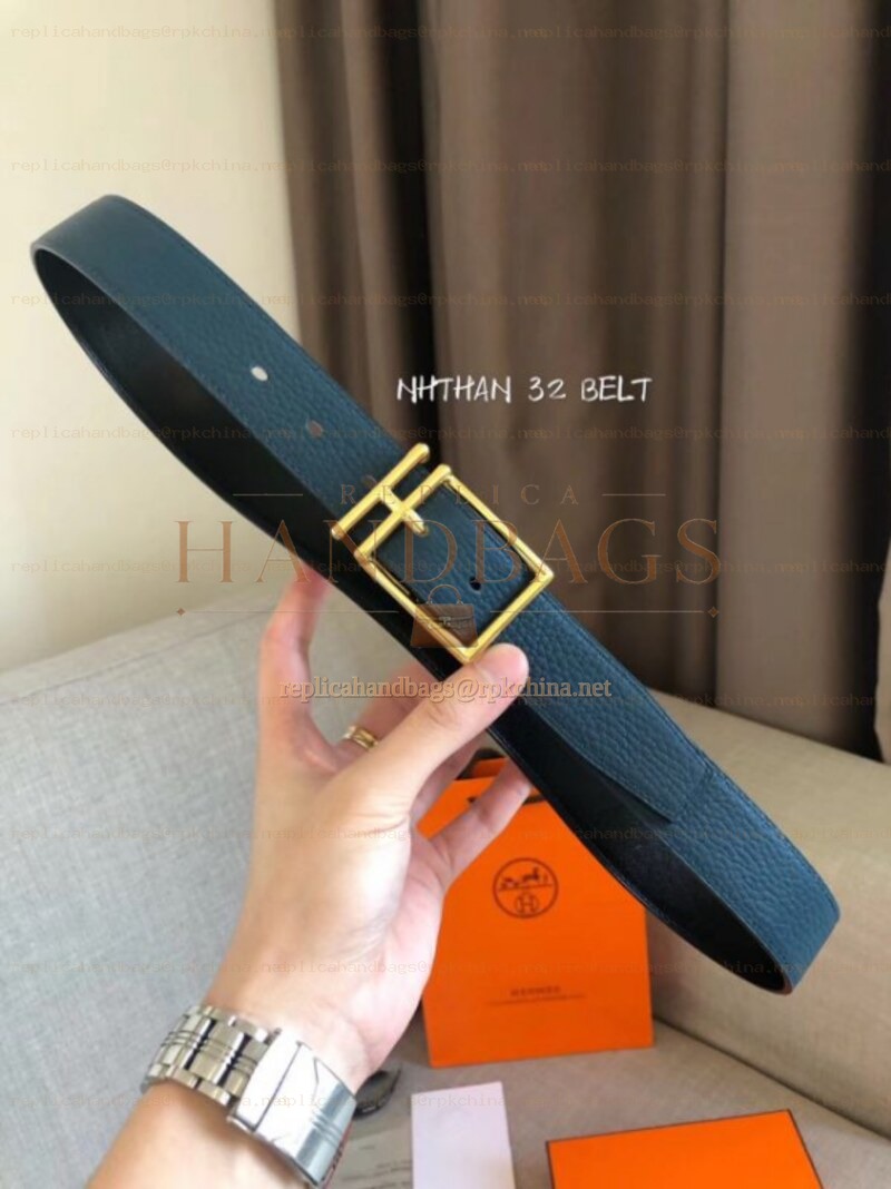 Hermes replica Teal Blue Leather H Buckle Belt