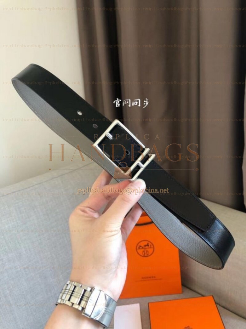 Hermes replica Black Slim Silver H Buckle Leather Belt