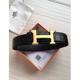 Hermes replica Black Crocodile H Buckle Leather Belt
