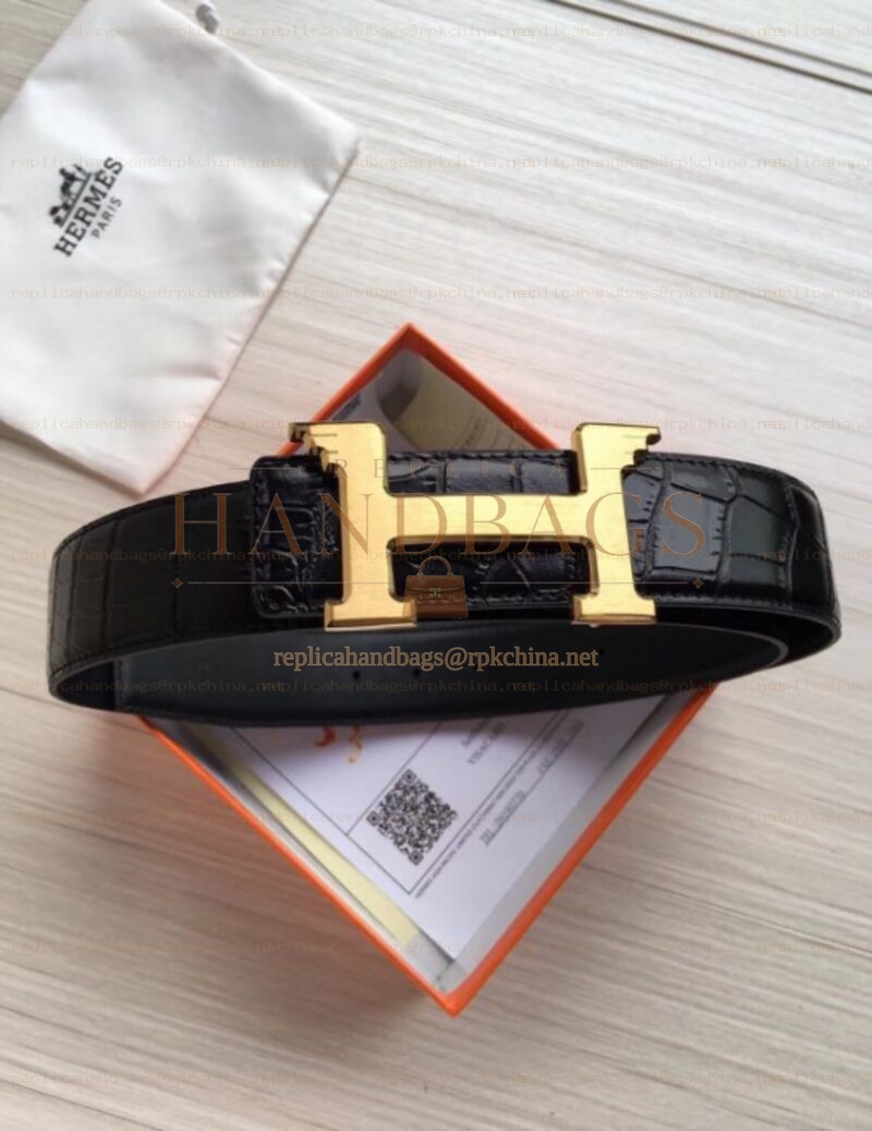 Hermes replica Black Crocodile H Buckle Leather Belt