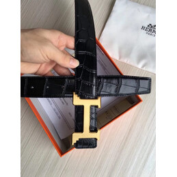 Hermes replica Black Crocodile H Buckle Leather Belt