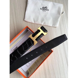 Hermes replica Black Crocodile H Buckle Leather Belt