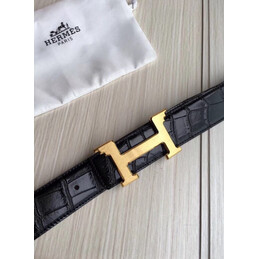 Hermes replica Black Crocodile H Buckle Leather Belt