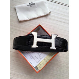 Hermes replica Black Crocodile Silver H Buckle Leather Belt