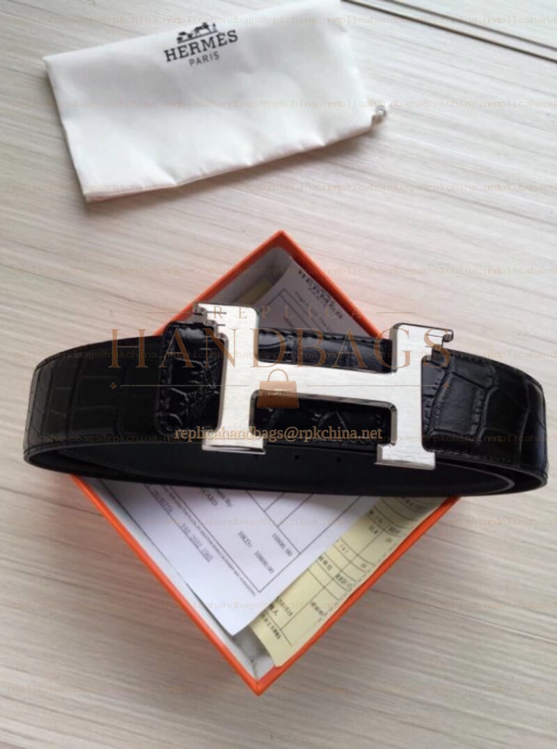Hermes replica Black Crocodile Silver H Buckle Leather Belt