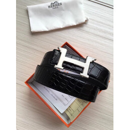 Hermes replica Black Crocodile Silver H Buckle Leather Belt