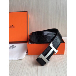 Hermes replica Black Crocodile Silver H Buckle Leather Belt
