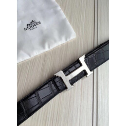 Hermes replica Black Crocodile Silver H Buckle Leather Belt