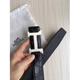 Hermes replica Black Crocodile Silver H Buckle Leather Belt