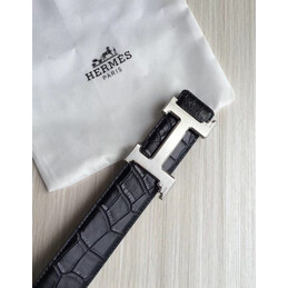Hermes replica Black Crocodile Silver H Buckle Leather Belt