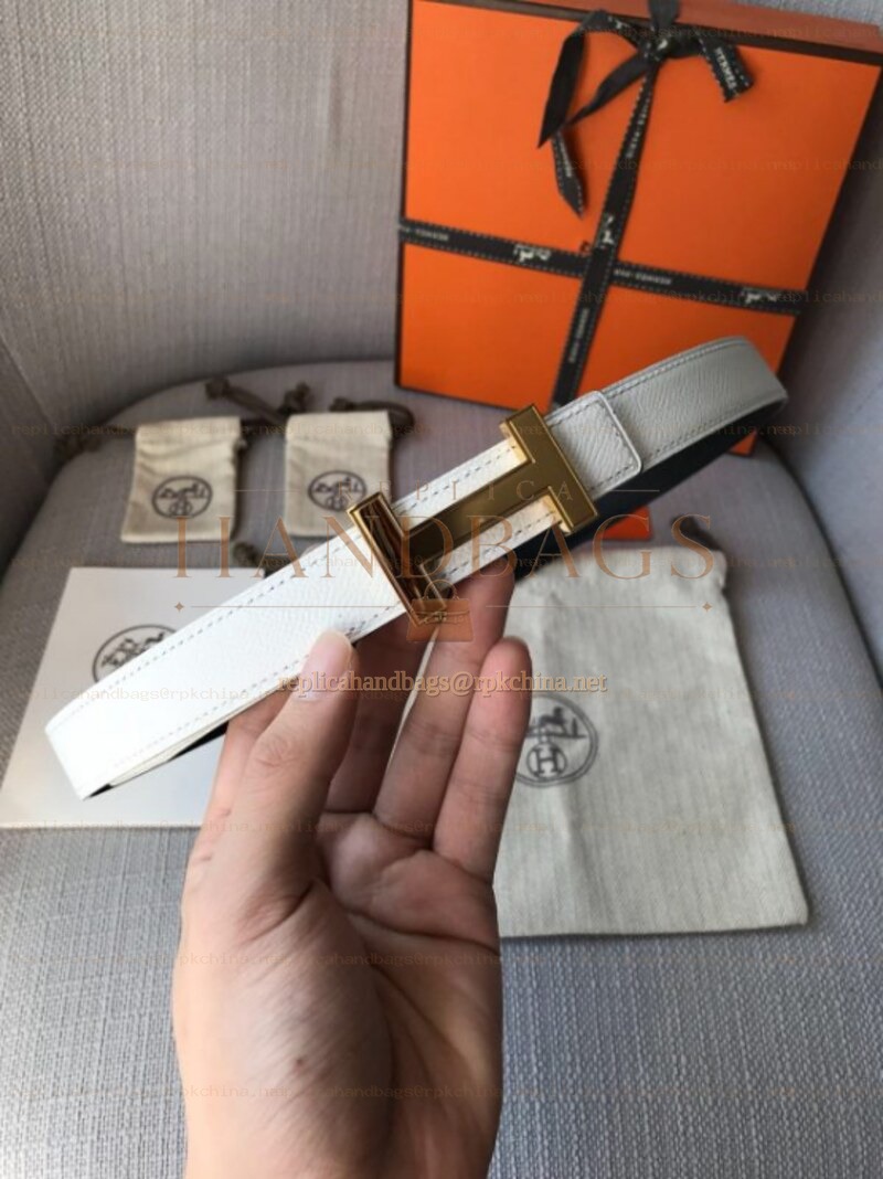 Hermes replica White and Brown Reversible H Buckle Leather Belt